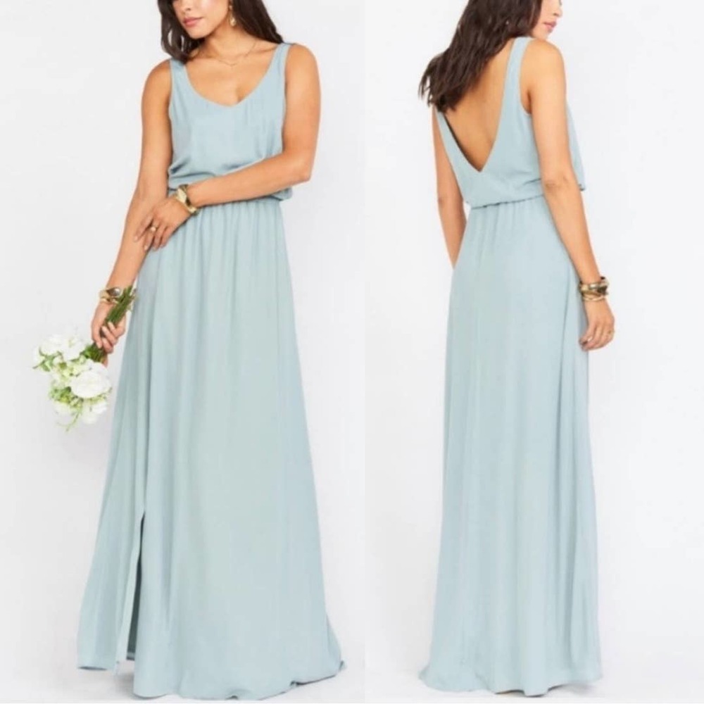 Show Me Your Mumu Kendall Chiffon Maxi Dress XS NWT Silver Sage Crisp Blue Green